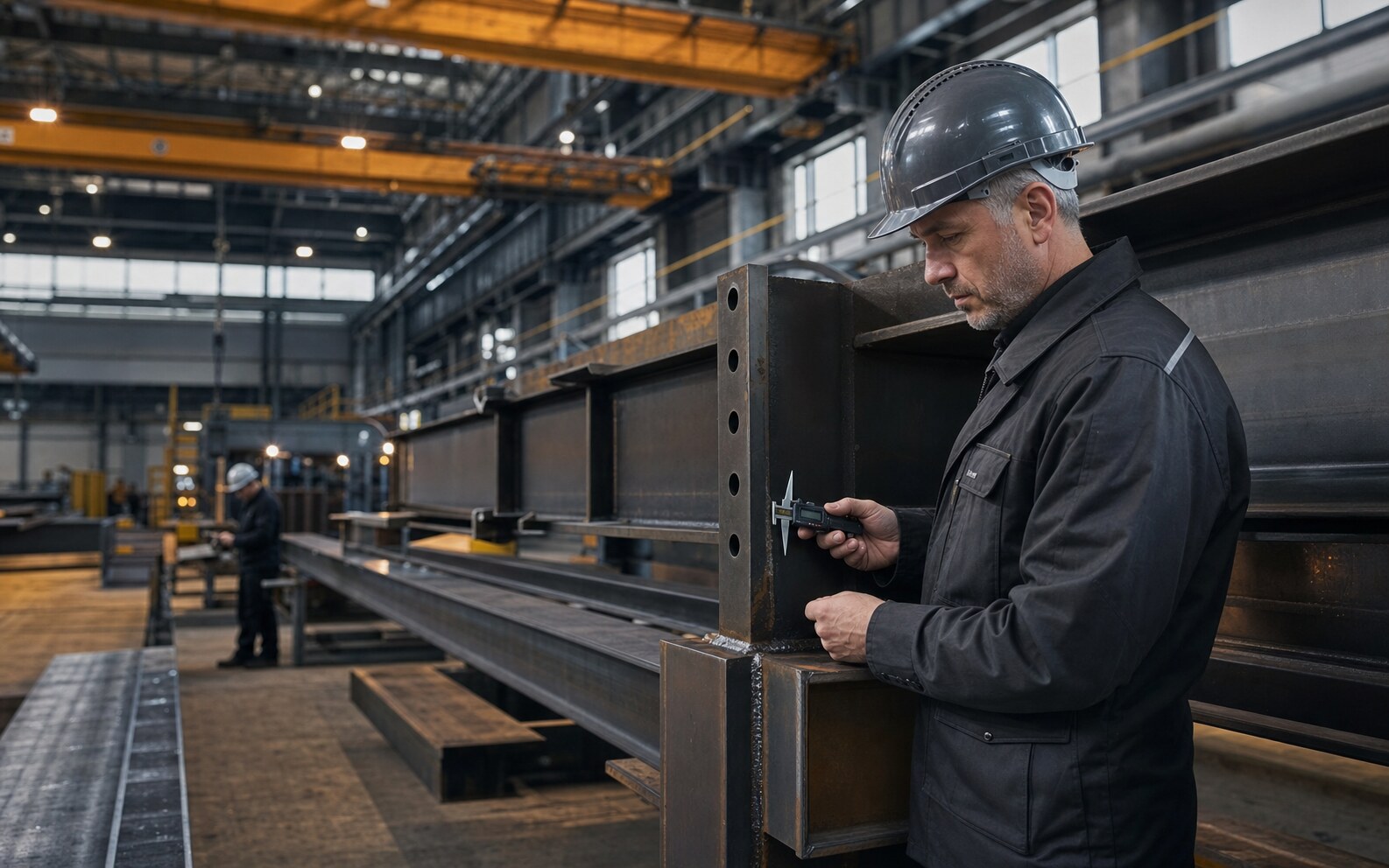 Инженер контролирует качество стальной конструкции на производстве
