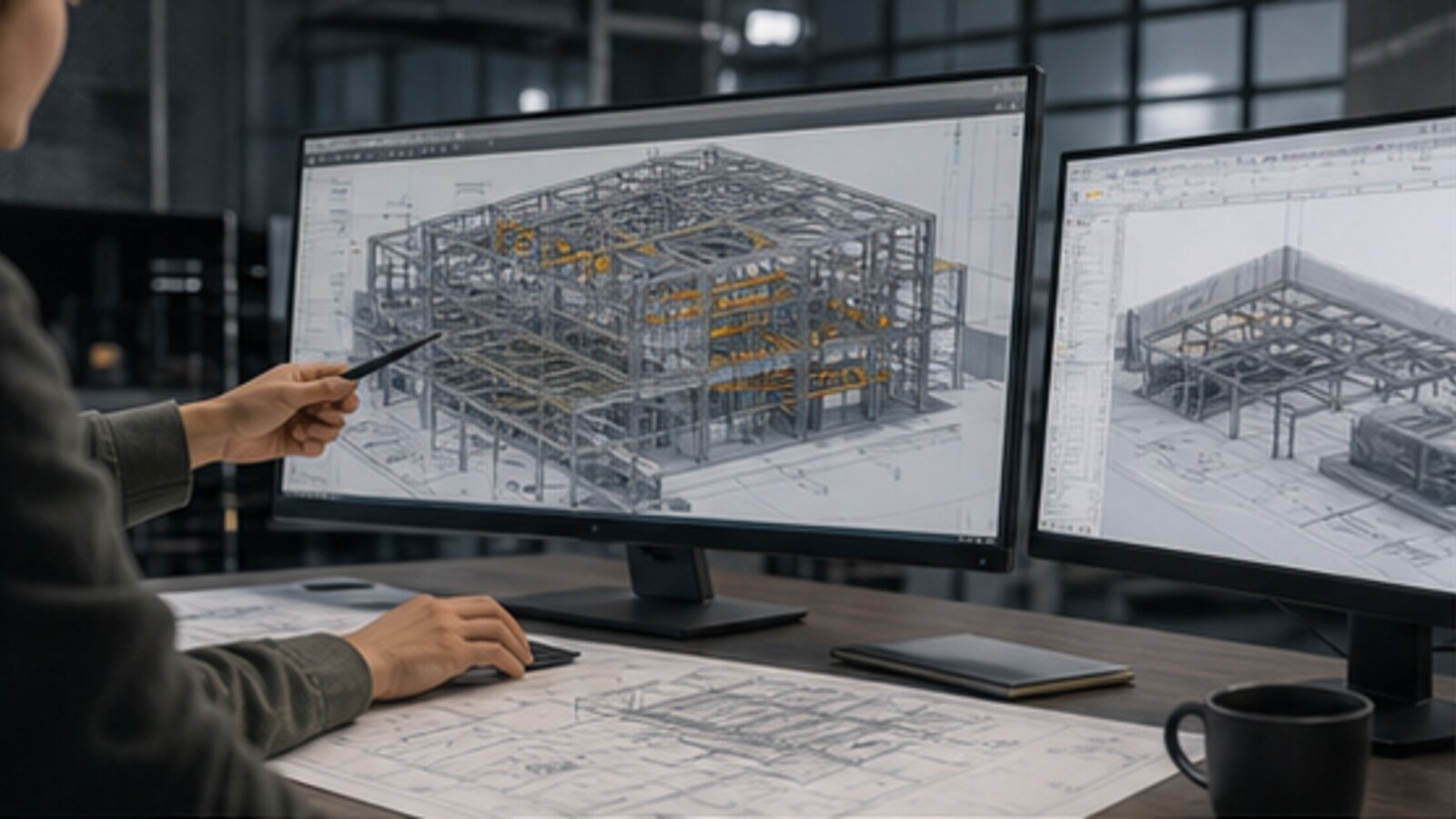 Инженеры проверяют BIM-модель и рабочие чертежи промышленного здания